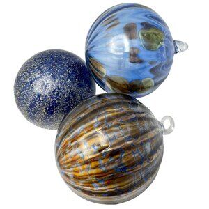 Handcrafted Venetian Glass Christmas Ornaments Set Of 3 Blue Gold Hand-Blown 3"